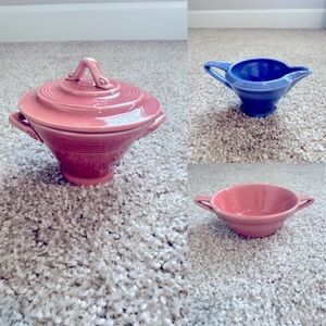 Homer Laughlin HARLEQUIN lot 3 items: creamer, sugar bowl & lid, and bowl